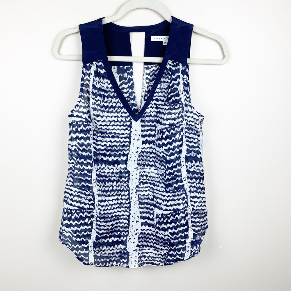 Trina Turk Navy & White Silk Blend‎ Sleeveless Top